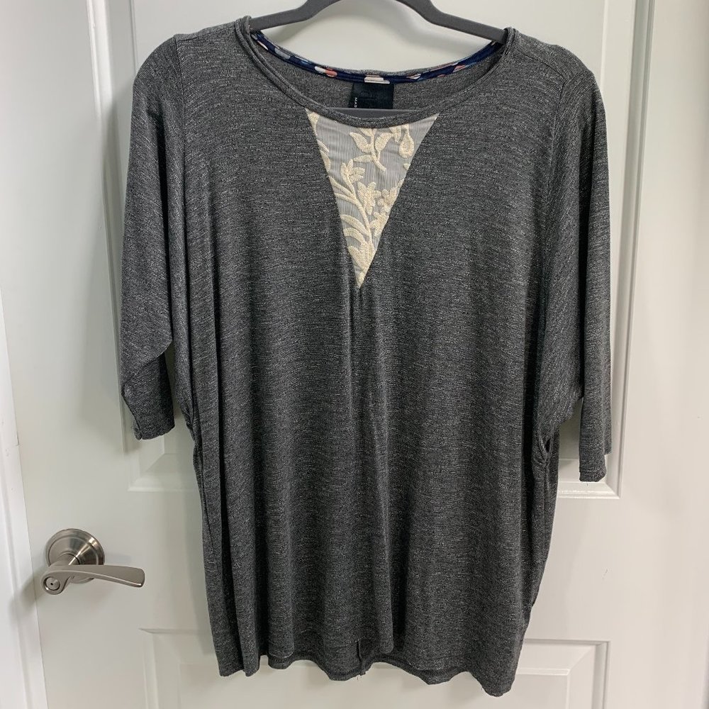 Dolan Gray Cozy Flowy T-Shirt Top with Triangle Lace Insert, Size S